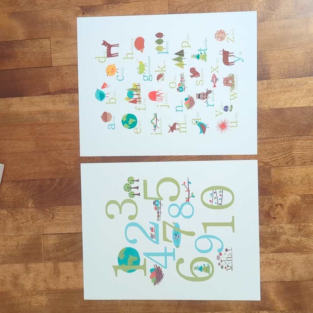 Pair of 9" x 14" Number and Alphabet Art prints for nursery or playroom